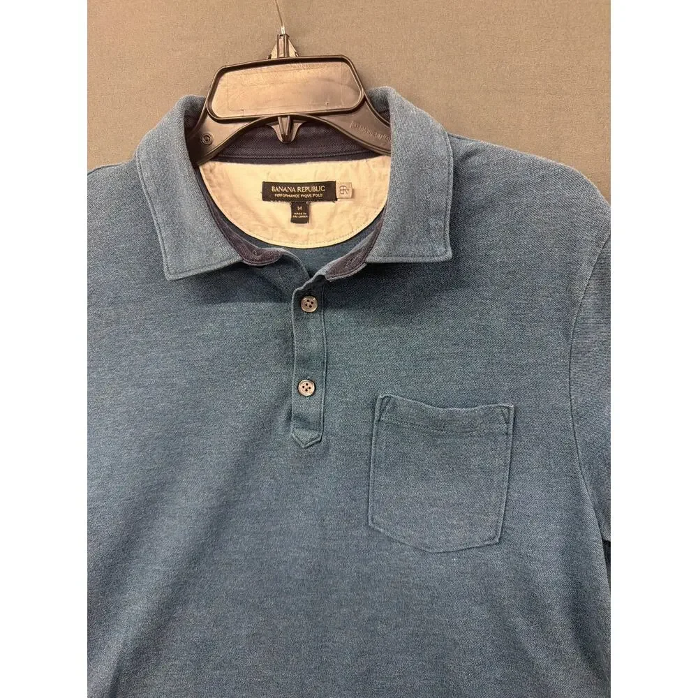 Banana Republic Mens M Performance Pique Polo Shirt Blue Short Sleeve Pocket